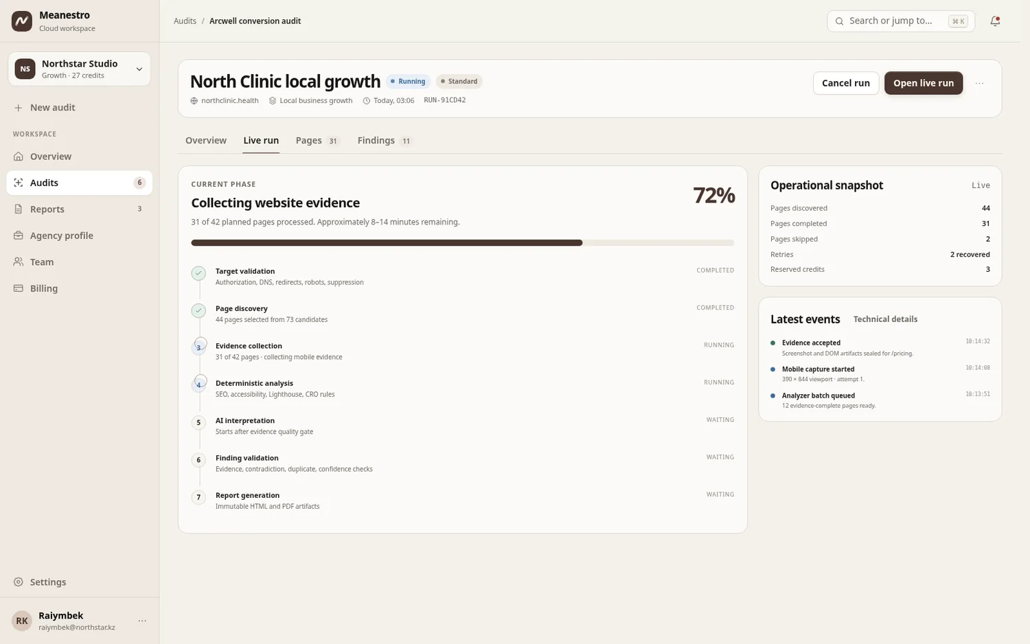 Meanestro running audit screen showing live evidence collection progress.